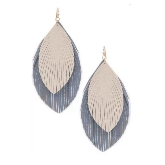 Jewelry - Blue Faux Leather Layered Feather Drop Earrings
